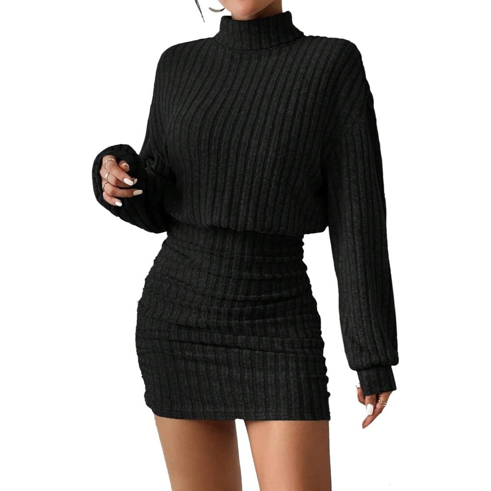 Women Ribbed Knit Sweater Black Dress Lantern Sleeve Turtleneck Bodycon Mini